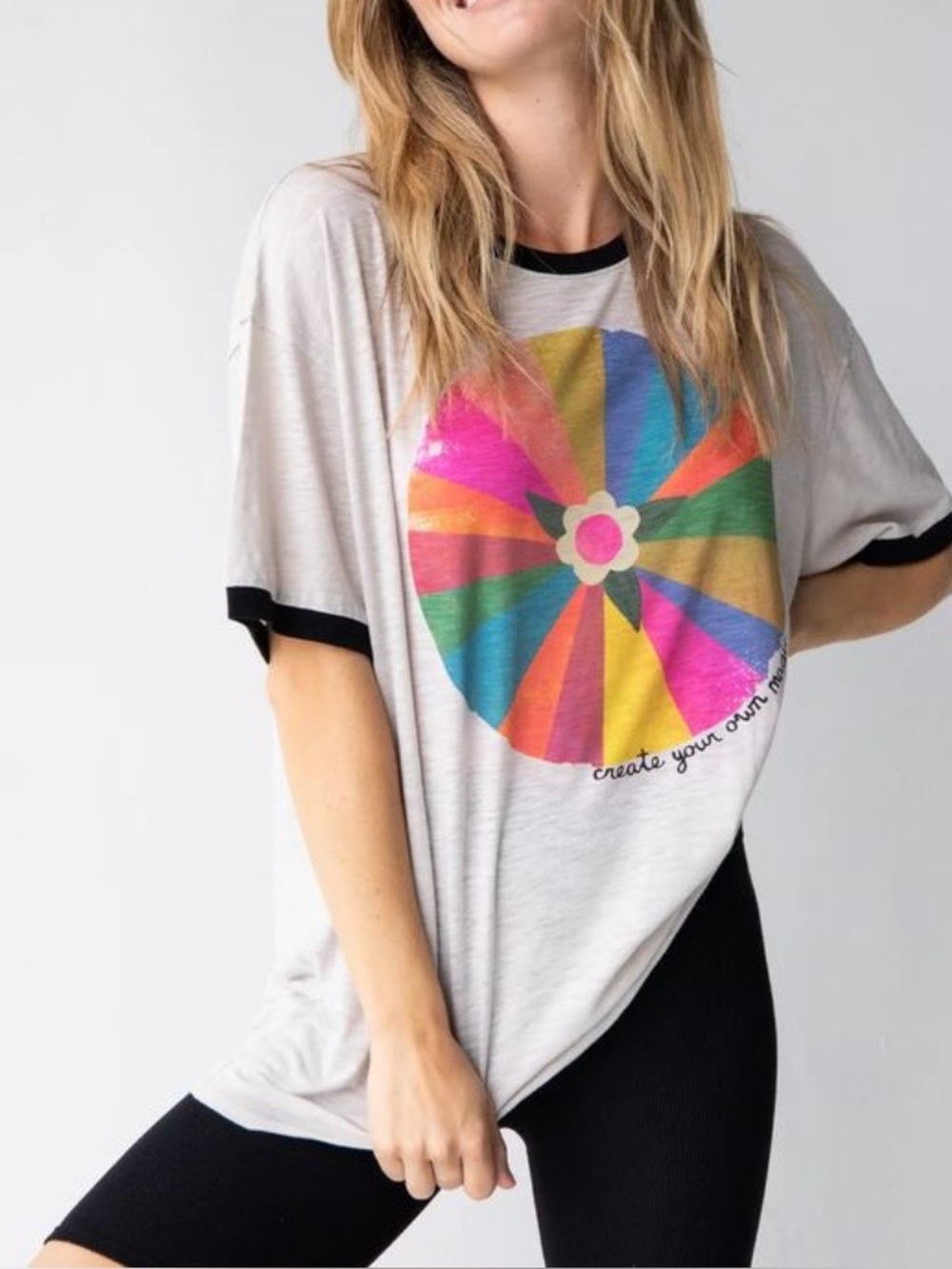 NATURAL LIFE oversized Cream Ringer Tee with Multicolor Pinwheel Graphic